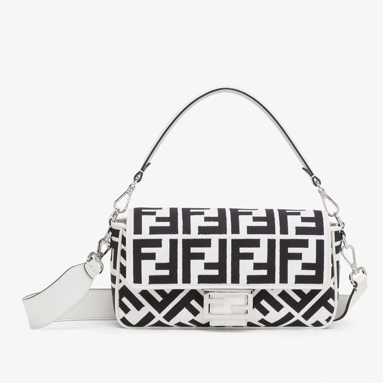 HOT Fendi Bag White Medium FF Black Baguette Motif In Canvas 0823